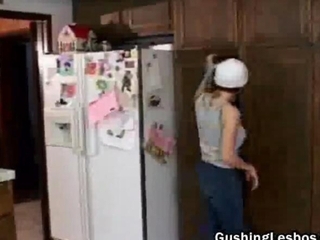 Lesbian Dildo Fucking In Kitchen